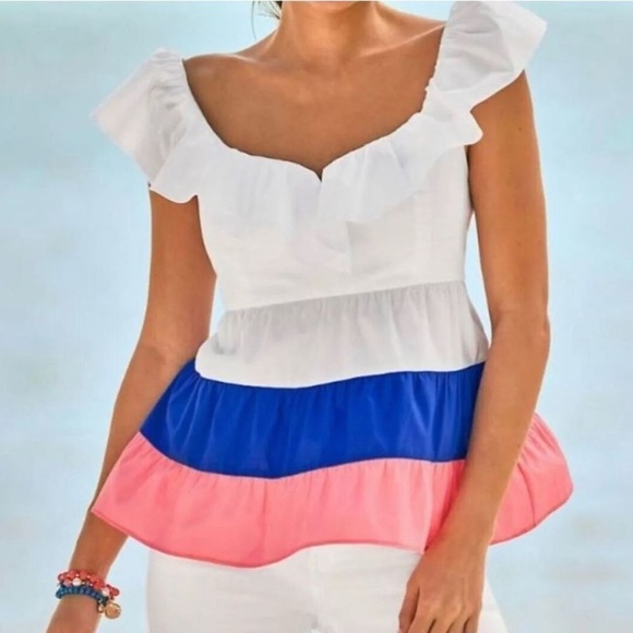 NEW Lilly Pulitzer Emie Ruffle Top Resort White Color-Block Size 4 - Picture 1 of 13